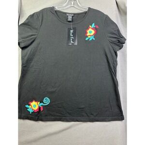 West End Womens XL‎ Black Floral Embroidered Short Sleeve T-Shirt NWT JCSU0087